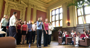 Members of After Dark, the student acapella group, perform for a packed house at Holmes Lounge.