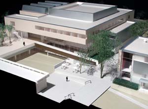 The Sam Fox Arts Center at Washington University in St. Louis will feature two new buildings as well as a series of public plazas and spaces designed by architect Fumihiko Maki. These include a new Museum Building (at top), Earl E. and Myrtle E. Walker Hall (at right), and The Dula Foundation Central Courtyard (foreground).