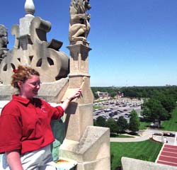 Christina Dreyer admires the view from atop Brookings Hall during Executive Director of University Relations Jim Burmeister's popular campus walking tours, one of the Staff Day activities.