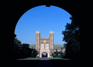 A view of Brookings Hall, west facade from across the quadrangle