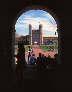A view of Brookings Hall, west facade, and students in the Brookings Quadrangle