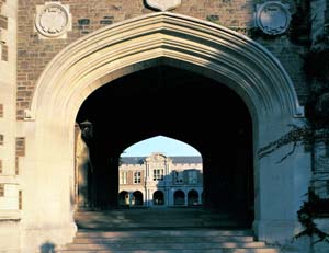East facade of Brookings Archway with Ridgley Hall and Brookings Quadrangle visible within.