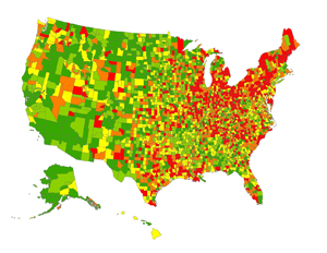 The largest U.S. study of the epidemiology of Parkinson's disease shows the highest prevelance (13,800 cases or more per 100,000 residents ages 65 and older) in red. Lower prevalence rates are progressively indicated by orange, yellow, light green and green.