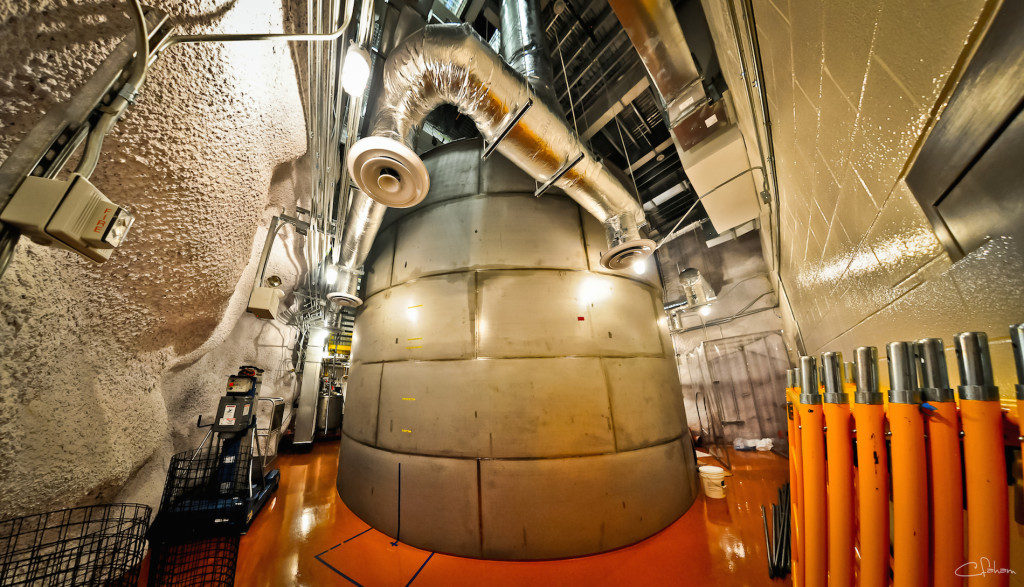 The dark-matter detector Lux in the Davis chamber of the old Homestake mine inSouth Dakota. The chamber is named for Raymond Davis, who won the Nobel Prize in Physics in2002 for an experiment housed in the same chamber that detected neutrinos generated by the sun. (Credit: Carlos Faham/LBL)