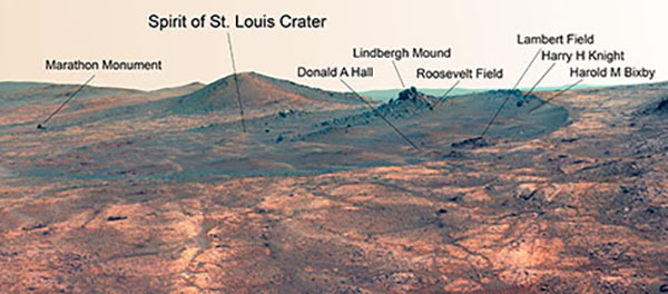 A false color image of the Martian crater the Opportunity rover is now exploring, which has been named Spirit of St. Louis to recognize the discovery of a promising target by mission members from Washington University in St. Louis. Click here for a much larger image. (Credit: NASA/JPL-Caltech/Cornell Univ./Arizona State Univ.)