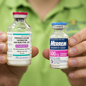 Using three antibiotic drugs thought to be useless against MRSA infection — piperacillin and tazobactam (bottle on left) and meropenem — Washington University researchers, led by Gautam Dantas, PhD, have killed the deadly staph infection in culture and in laboratory mice.