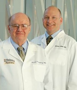 Andrew J. White, MD, (right) stands with his mentor, James P. Keating, MD. White has been named the James P. Keating, MD, Professor of Pediatrics. Keating died in late 2014.