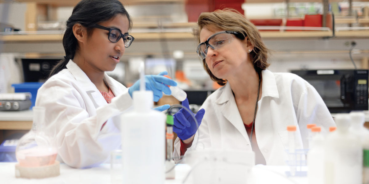 Professor Lori Setton (right) and collaborators, including Pranali Tambe (left), a visiting research associate, are looking at new materials for regenerating soft tissue, which could lead to new therapies for back pain. (Photo: James Byard)