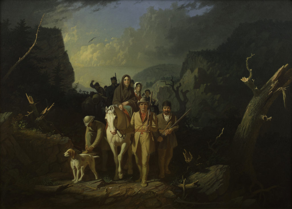 George Caleb Bingham (American, 1811–1879), "Daniel Boone Escorting Settlers through the Cumberland Gap," 1851–52. Oil on canvas, 36 1/2 x 50 1/4". Mildred Lane Kemper Art Museum, Washington University in St. Louis. Gift of Nathaniel Phillips, 1890. 