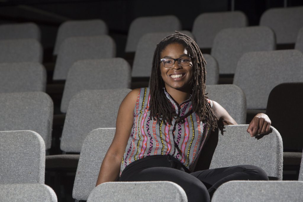 Senior Andie Berry in the A.E. Hotchner Studio Theatre. Her drama “Son of Soil” will receive a staged reading Oct. 1 as part of the A.E. Hotchner New Play Festival. (Photo: Jerry Naunheim/Washington University)