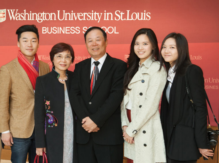Jackson Ling and his wife, Ming, celebrated the naming of the Lin-Kuei Jackson Ling Classroom in Bauer Hall with their children: Ozzie (left), Kathy (second from right) and Carlie (right).