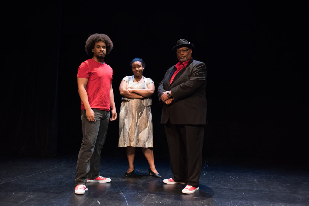 From left: David Dwight as the Youth, Ebby Offord as the Mother and Charles Glenn as the Narrator in “Passing Strange.” (Photo: Carol Green/Washington University.) 