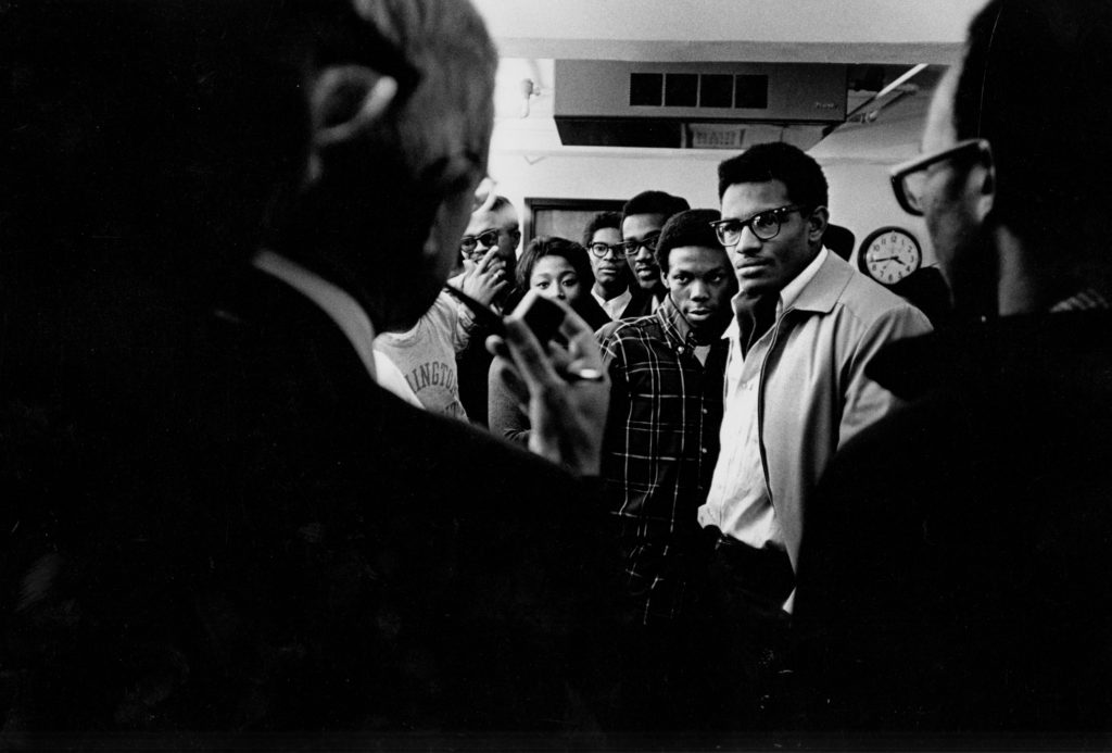 Members of the Association of Black Students in Brookings Hall in December, 1968. (Washington University Archives)