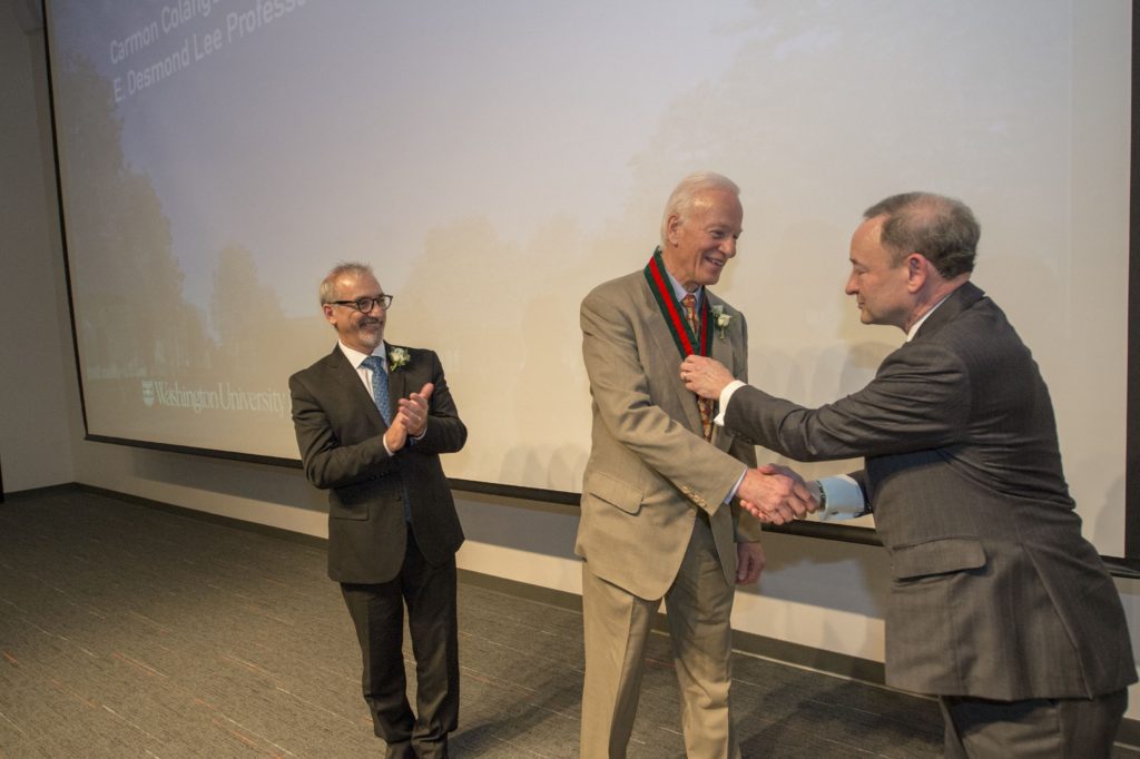 From right: Chancellor Mark S. Wrighton congratulates Nagel as Colangelo looks on. (Photos: Joe Angeles/Washington University)