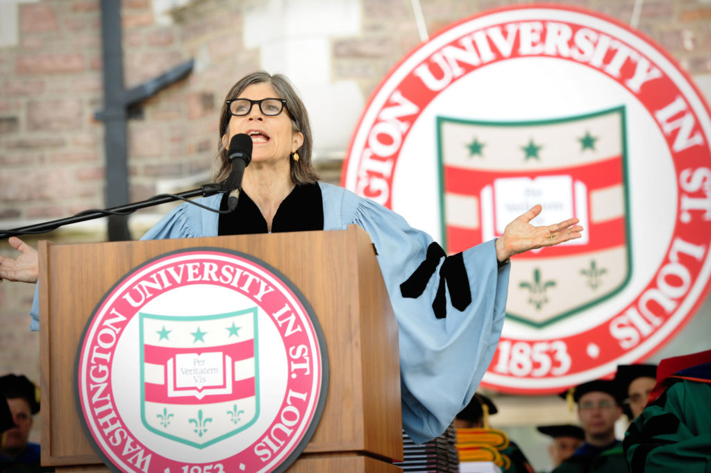 Anna Quindlen delivering the 2017 Commencement address at Washington University in St. Louis Friday, May 19.