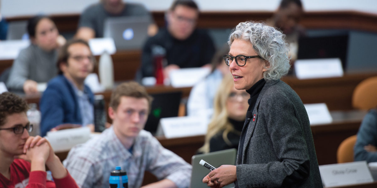 In January 2017, Professor Lee Epstein team-taught a three-day course on the Roberts court. Her co-instructor, Adam Liptak (not pictured), covers the Supreme Court for The New York Times. (Photo by Joe Angeles/WUSTL Photos)