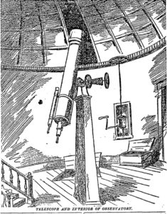 The interior of Washington University’s observatory with telescope as featured in a July 29, 1888, St. Louis Post-Dispatch story on how the facility is used to set "St. Louis Time" for the central United States and beyond.