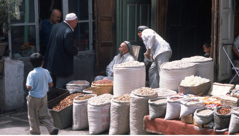 Market stall in the ancient Silk Road city of Kashgar (Xinjiang, China) in 2003. Photo by Michael Frachetti/Washington University.