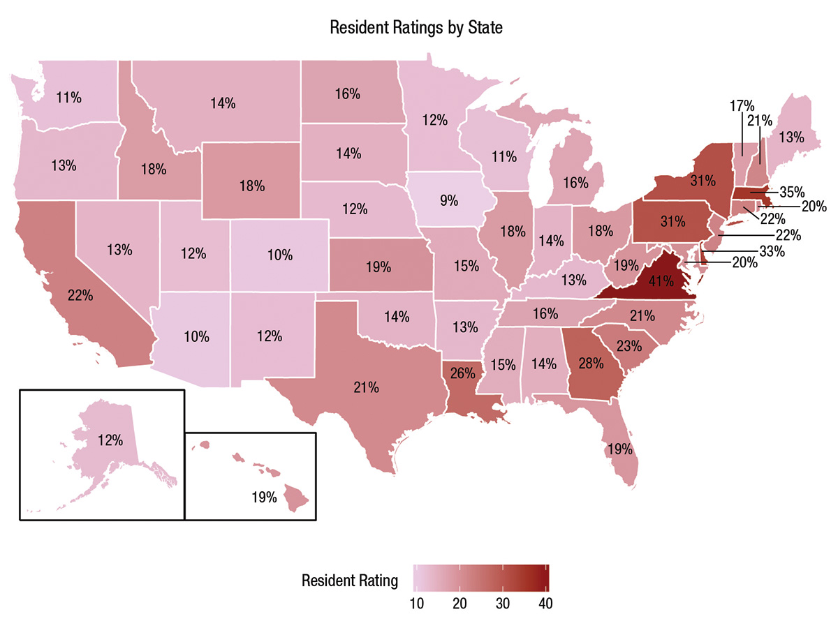 Heat map of residents’ ratings of their state’s contributions to U.S. history. Darker colors and higher percentages represent a larger estimated contribution to U.S. history. Map courtesy of Psychological Science.