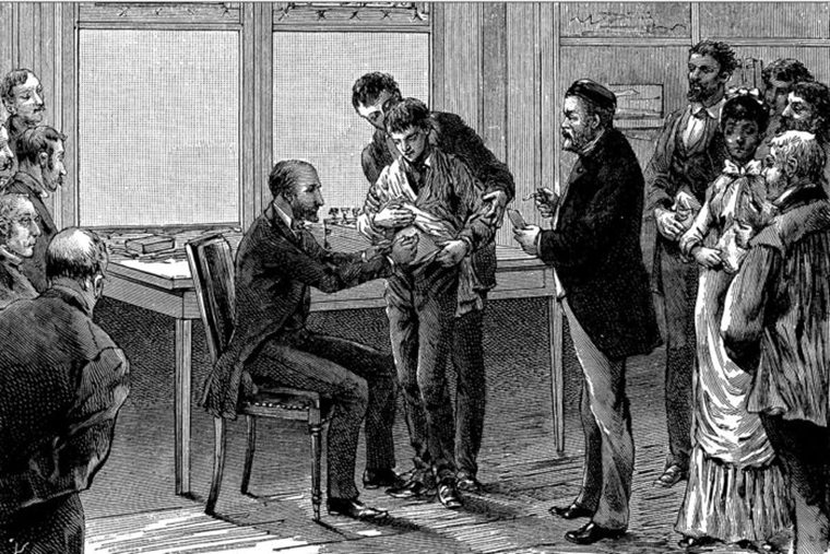 engraving of patient receiving a vaccine