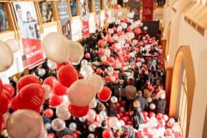 Balloons and banners displayed in Whitaker Hall atrium