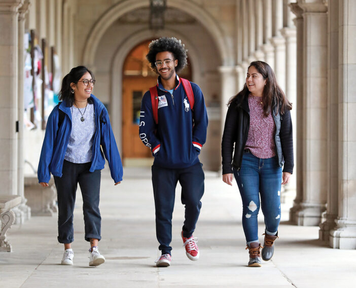 "A scholarship can transform a life. We prepare students to become leaders with the character, insight and skills to address the most urgent challenges of the 21st Century." –Mark S. Wrighton Undergraduates (from left) Jazmin Garcia, Rob Hall and Carol Pazos are McLeod Scholars. The McLeod Scholars program honors the late James E. McLeod, a former vice chancellor for students and dean of the College of Arts & Sciences. Photo by James Byard /Washington University