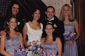 Risa Zwerling Wrighton and Mark S. Wrighton in Harbison House on their wedding day with their children.