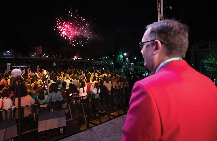 At the end of the evening, after all the official events had been held and inspiring talks and speeches had been given, Chancellor Martin rejoined the student celebration on Mudd Field for a fireworks display — an exciting end to a momentous day.