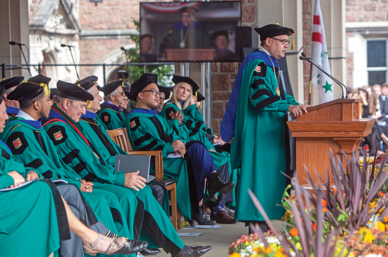 Chancellor Andrew D. Martin delivers his inauguration address in which he announced, among other commitments, the WashU Pledge, a bold new financial aid program for regional students.