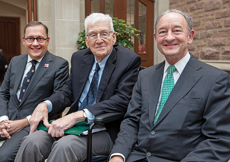 Inauguration day was filled with many special moments, including the bringing together of the 13th, 14th and 15th chancellors of Washington University: (from left) Andrew D. Martin (15), William H. Danforth (13), Mark S. Wrighton (14). (Photo: Joe Angeles/Washington University)