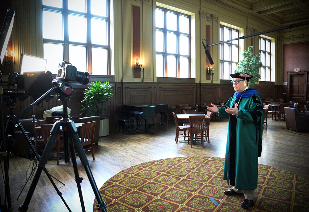 On May 15, Chancellor Andrew Martin delivered his Commencement address to graduates of the Class of 2020 by video in Holmes Lounge. Martin says canceling in-person graduation was one of the hardest decisions he had to make in spring 2020. (Photo: James Byard/Washington University) 