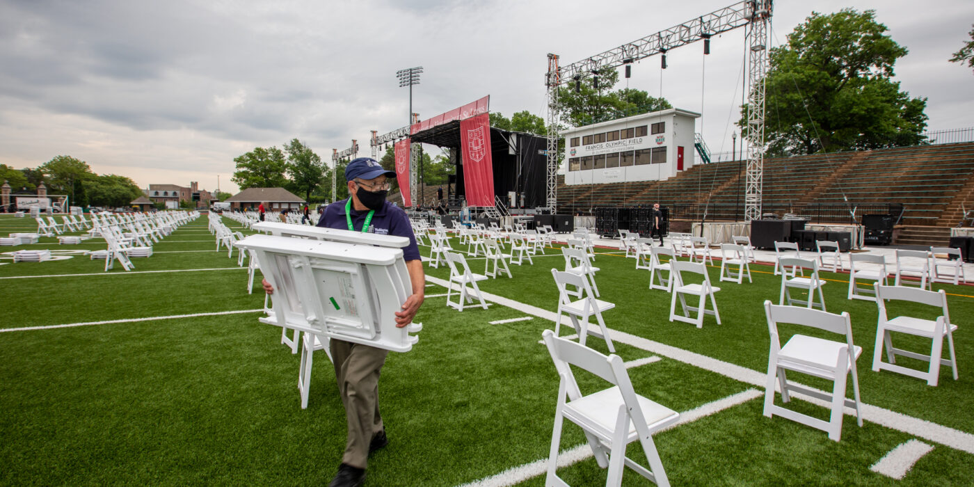 Historic Francis Olympic Field is being set up to host the university's 160th Commencement ceremonies.