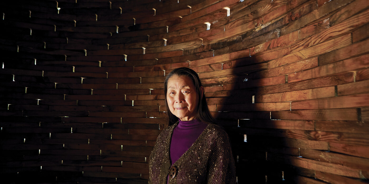 Dianne Chong, inside a sculpture by Taiji Miyasaka called Night Blooming