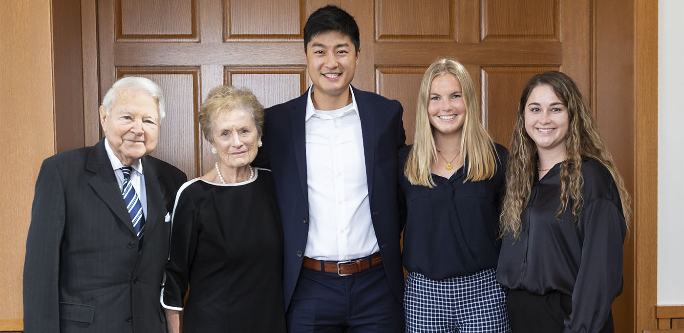 George and Carol Bauer established the George and Carol Bauer Leaders Academy for the Danforth Scholars Program to help scholars, such as (from center, right) Jimmy Rao, Elise DeConinck and Mackenzie Liening, clarify their values as they prepare for careers.