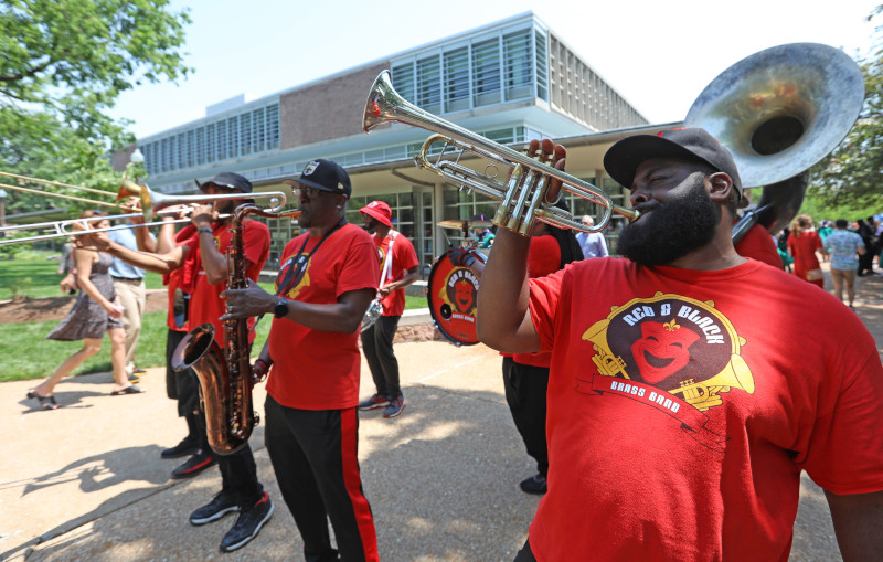 The Black and Red Brass Band plays in front of Olin Library at the festival following the 2022 Commencment.