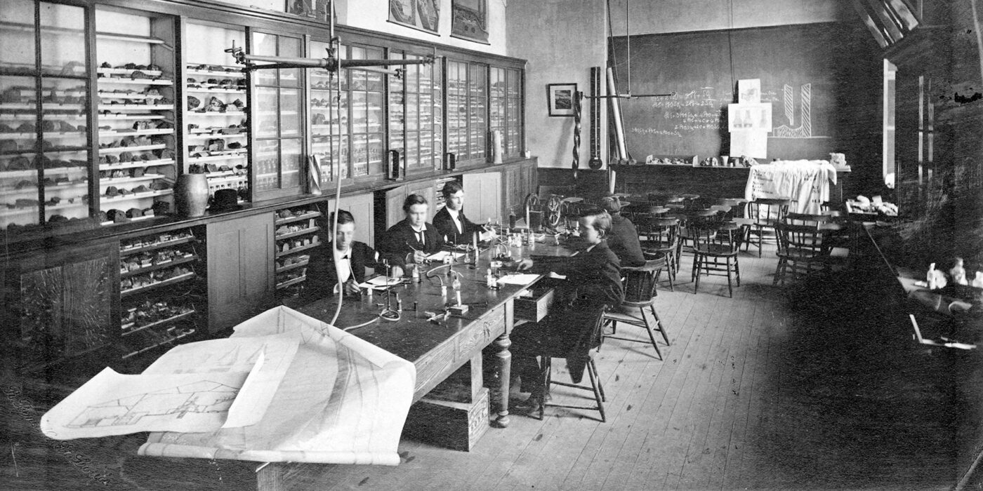 Historical image of students at work at Washington University's downtown St. Louis campus