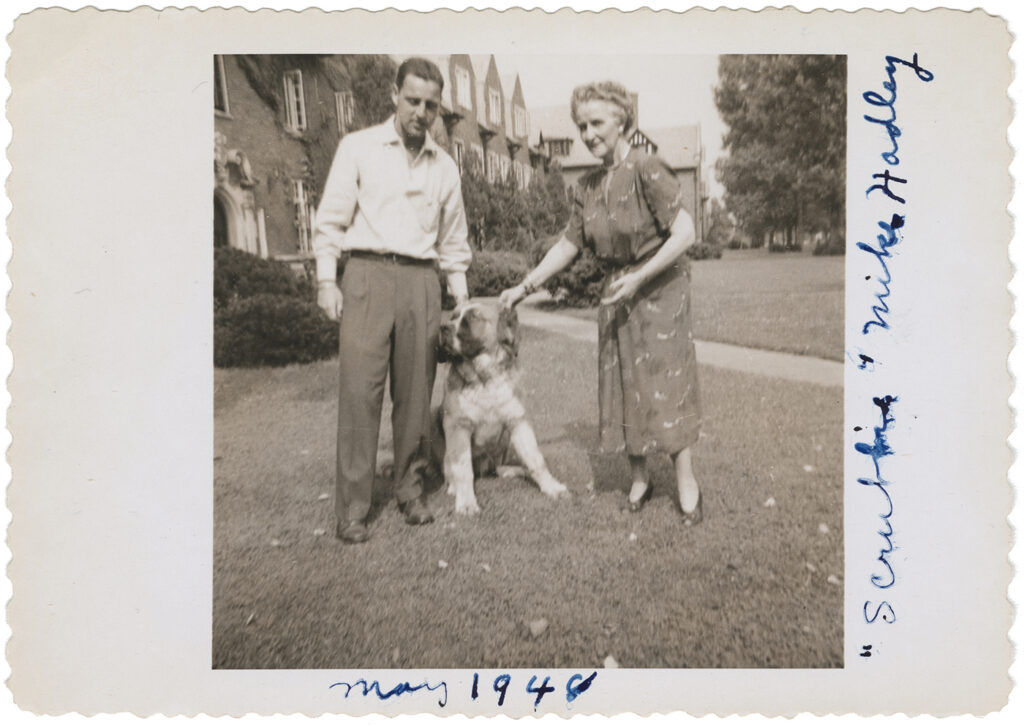 Author Randall Roberts also found a 1949 snapshot of Mother Baird with Michael Hadley, AB ’50, one of Harrison’s fraternity brothers, and the fraternity’s dog, Scrubbie, among his great-grandmother's things. (Courtesy Randall Roberts) 