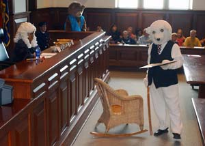 F. Lee Bearly argues his case in law students' presentation of The Three Bears v. Goldilocks. A jury of children found Goldilocks guilty.