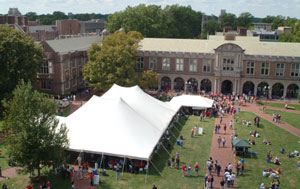 A steady stream of party guests filtered into two refreshment tents in Brookings Quadrangle throughout the afternoon.