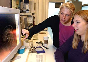Deanna M. Barch, Ph.D. (left), associate professor of psychology in Arts & Sciences and assistant professor of psychiatry in the School of Medicine, and research assistant Kristen Haut discuss an image of a study participant's brain. Graduate student Caroline Racine says Barch 