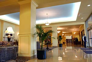 The lobby of the new Parkway Hotel welcomes visitors to the eight-story, $25 million structure conveniently located on the Medical Campus at thecorner of Forest Park and Euclid avenues.