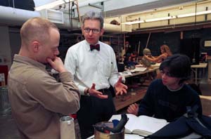 Jeff Pike (center), dean of the School of Art, talks shop with Arny Nadler (left), assistant professor of art, and sophomore Juan Tejedor. In more than 20 years at the University, Pike has helped make the School of Art a national destination for students who are passionate about art and academics.