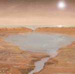 An artist's rendition of liquid water on Mars.