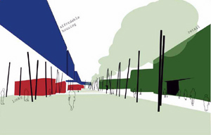 A detail from Mariano Sagasta's winning conceptual master plan for the west side of Brentwood Boulevard north of Highway 40.