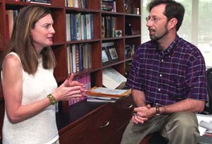 Jackson Nickerson, Ph.D., and Lyda Bigelow, Ph.D., assistant professor of organization and strategy, discuss their classes. Georgetown University colleague Jeffrey Macher says of Nickerson, 