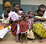 Mothers at Montfort Health Centre in Nchalo, Malawi give their malnourished children a trial feeding of peanut butter food as part of Project Peanut Butter, a program developed by Dr. Mark Manary of Washington University.