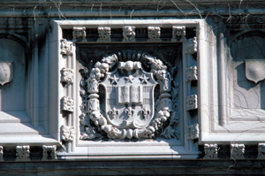 University shield, west facade of Brookings Hall