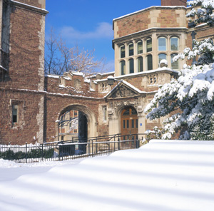 Cupples Hall I in the snow, looking northwest