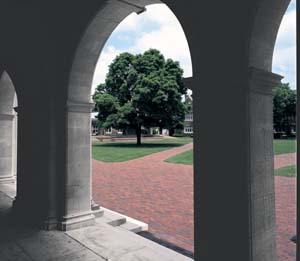Looking east through the Ridgley Arches out onto the Quad.