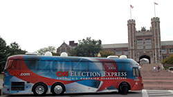 The CNN election bus is parked in front of Brookings Hall.